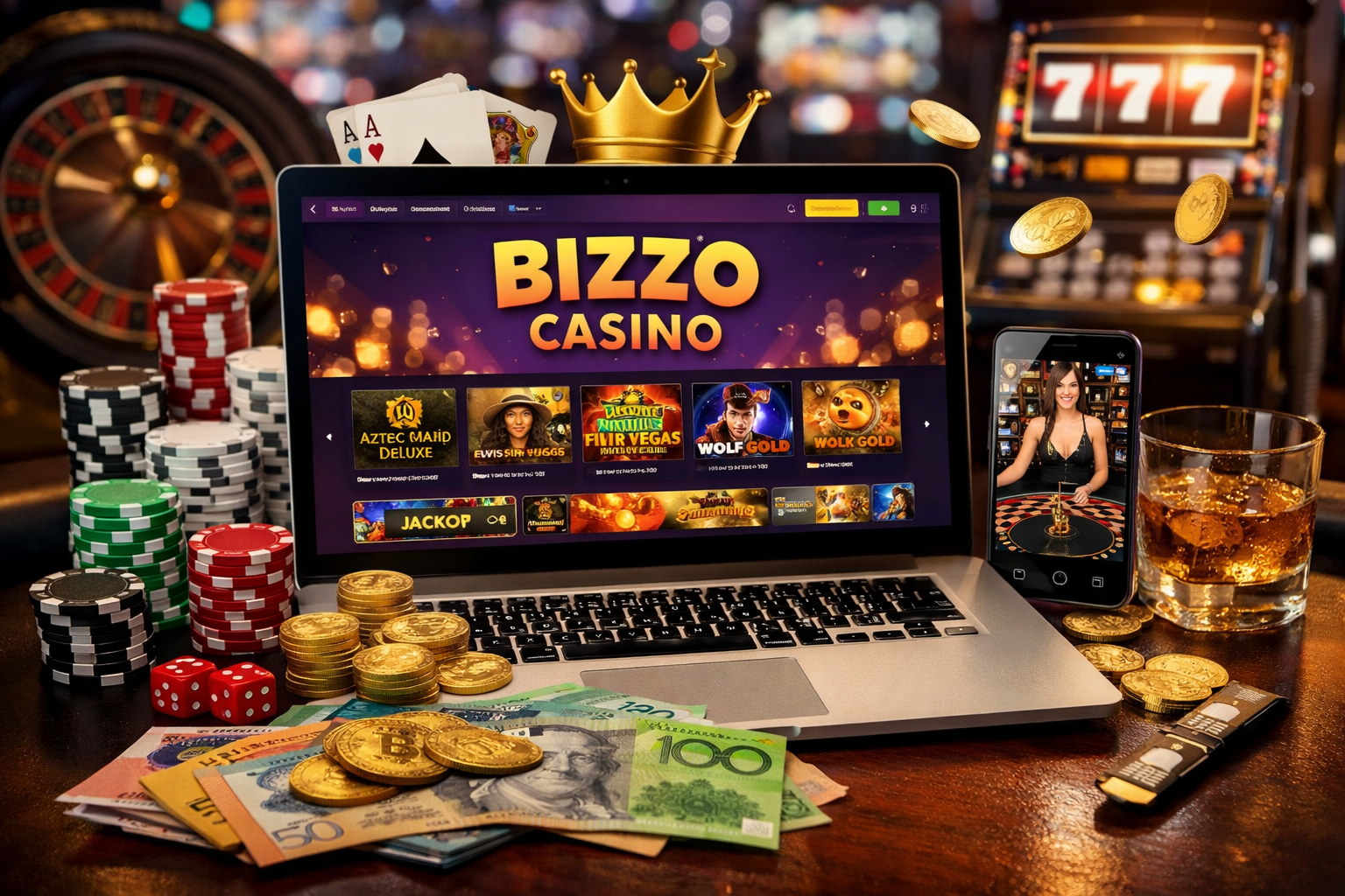 Photorealistic online casino interface showing pokies and live dealer tables on desktop and mobile at Bizzo Casino Australia