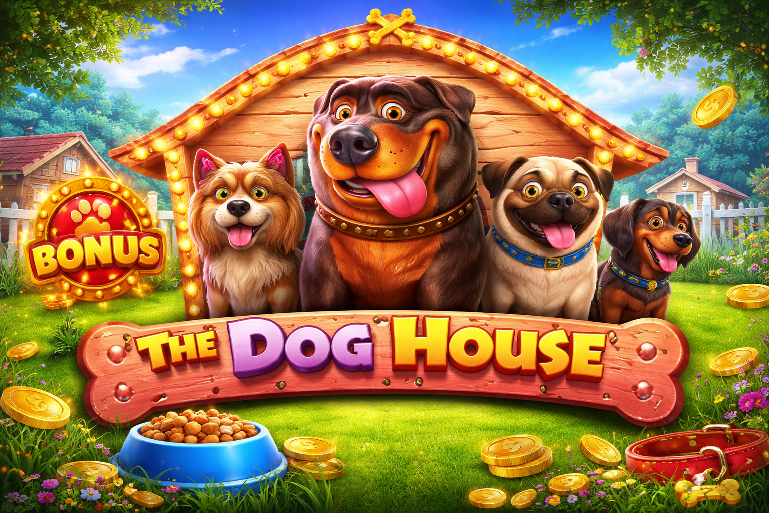 Photorealistic promotional image of The Dog House online slot game featuring four happy dogs in front of a doghouse with gold coins, bonus sign, and colourful backyard setting.
