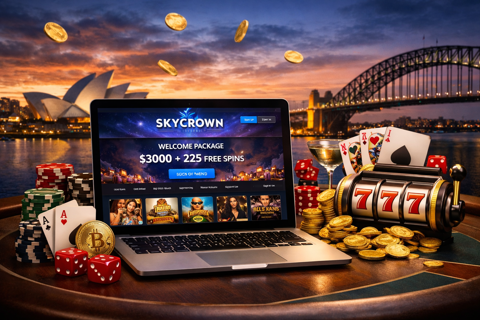 SkyCrown Casino promotional image showing a laptop with casino games, slot machine, chips, and cards against Sydney Opera House and Harbour Bridge backdrop at sunset
