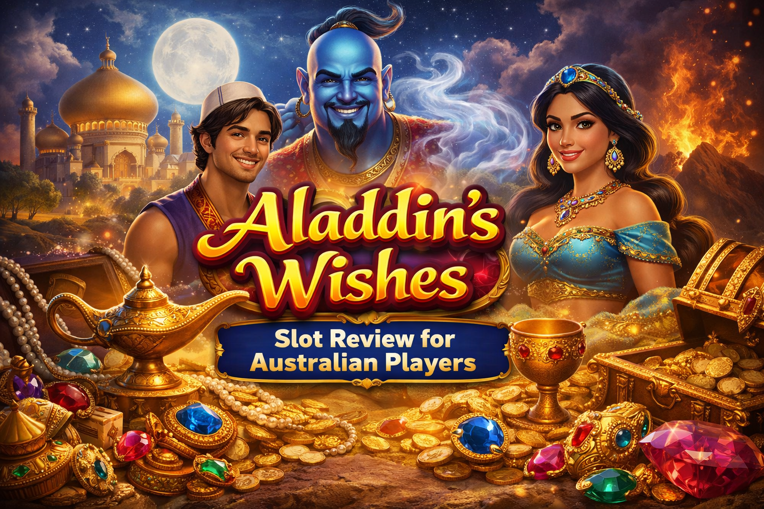 Photorealistic Arabian Nights scene for Aladdin’s Wishes slot review featuring a golden magic lamp, treasure chest filled with coins and gemstones, genie, desert palace under moonlight, and rich Middle Eastern fantasy atmosphere for Australian online casino players.
