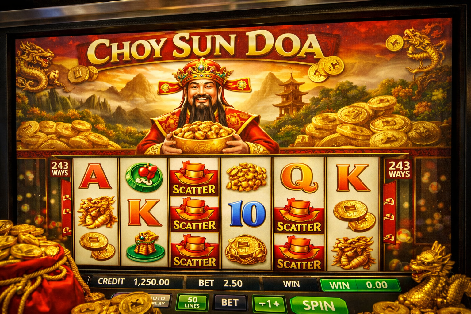 Choy Sun Doa online slot machine game in landscape view featuring God of Wealth, gold coins, scatter symbols and five reels gameplay interface