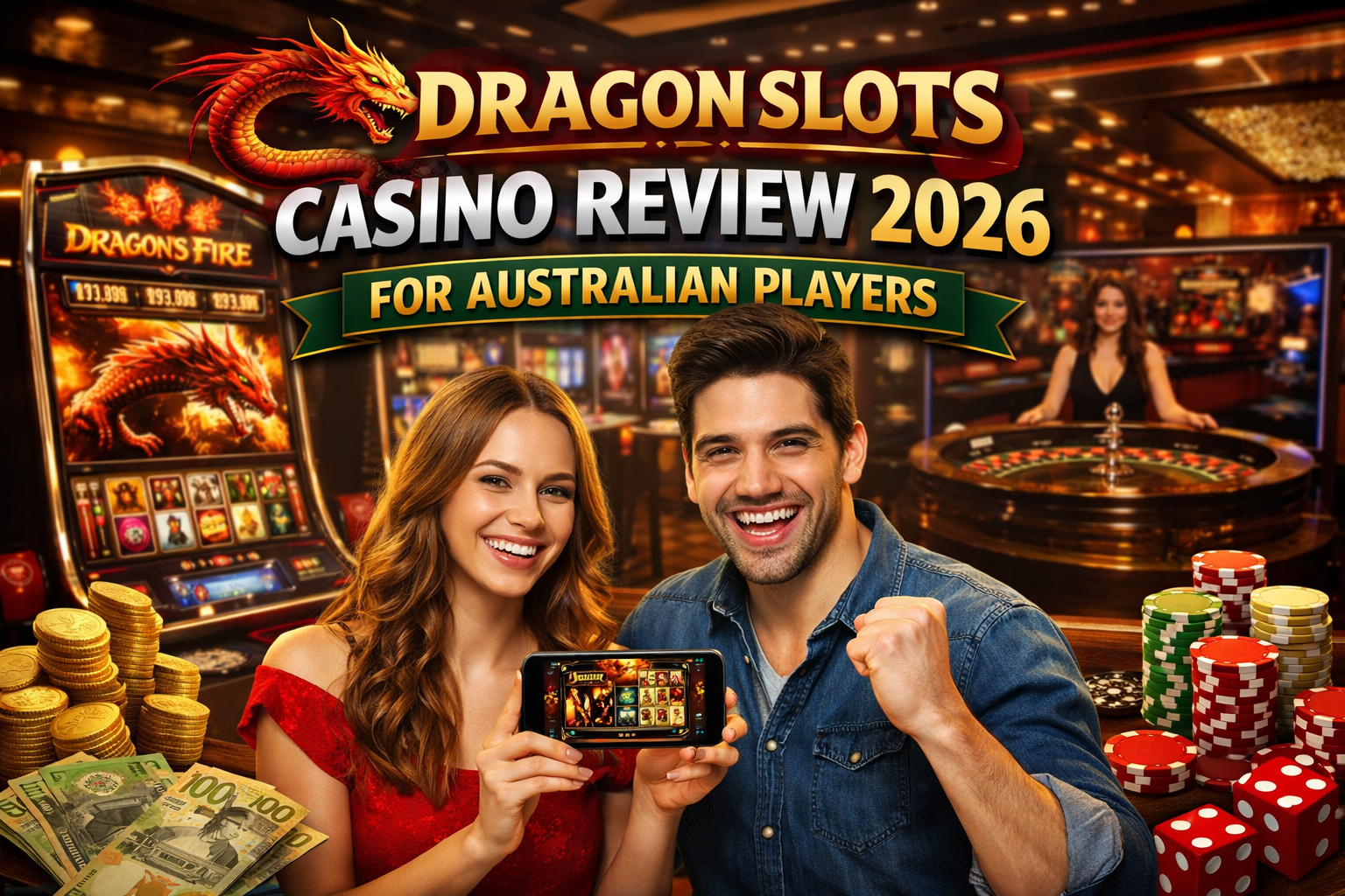 Photorealistic Dragon Slots Casino review banner featuring excited players holding a smartphone with a dragon-themed slot game, surrounded by casino chips, roulette table, and slot machines – ideal for Australian online casino review content.
