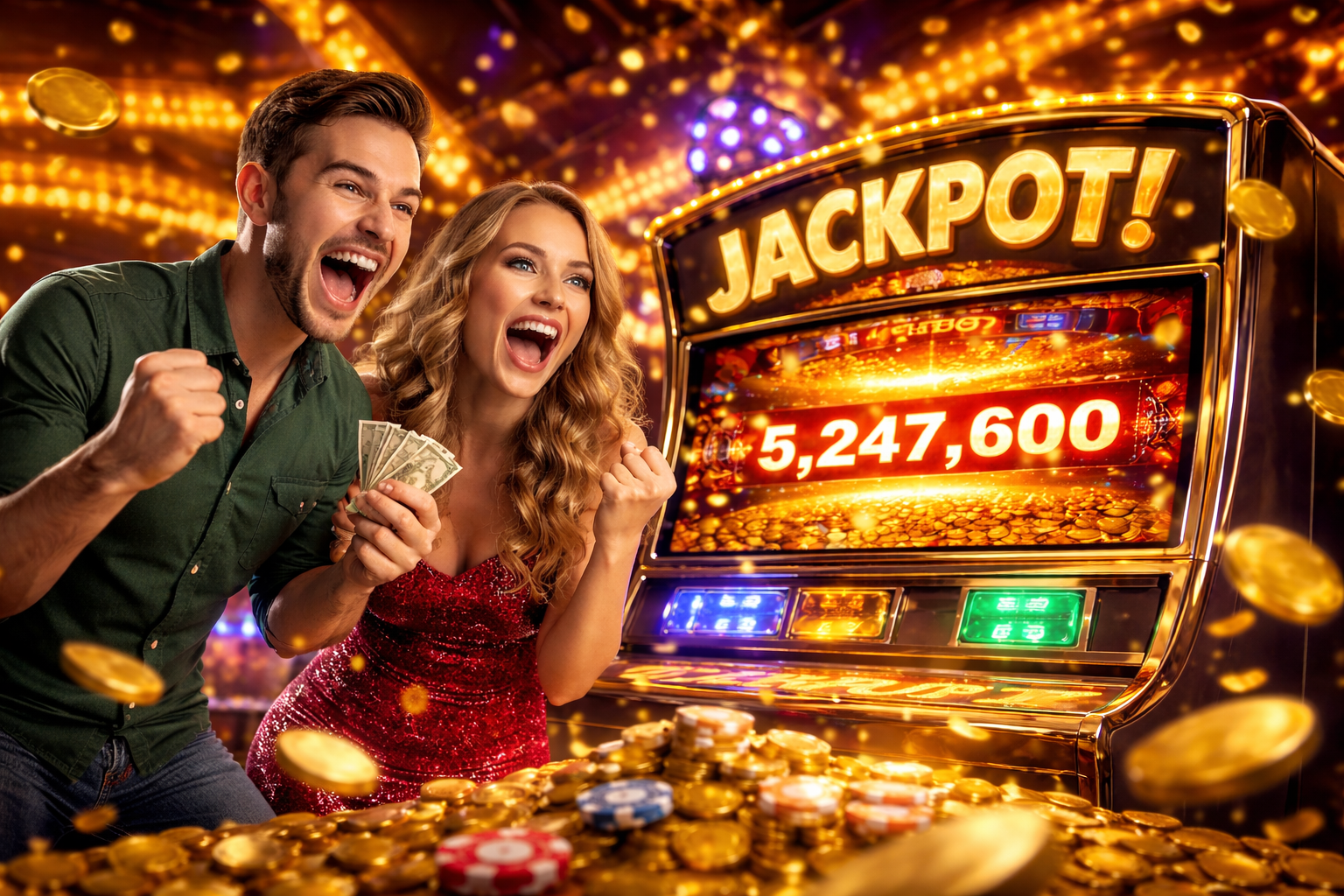 Dramatic casino jackpot win moment with excited couple celebrating at slot machine, gold coins flying and large jackpot amount displayed on screen