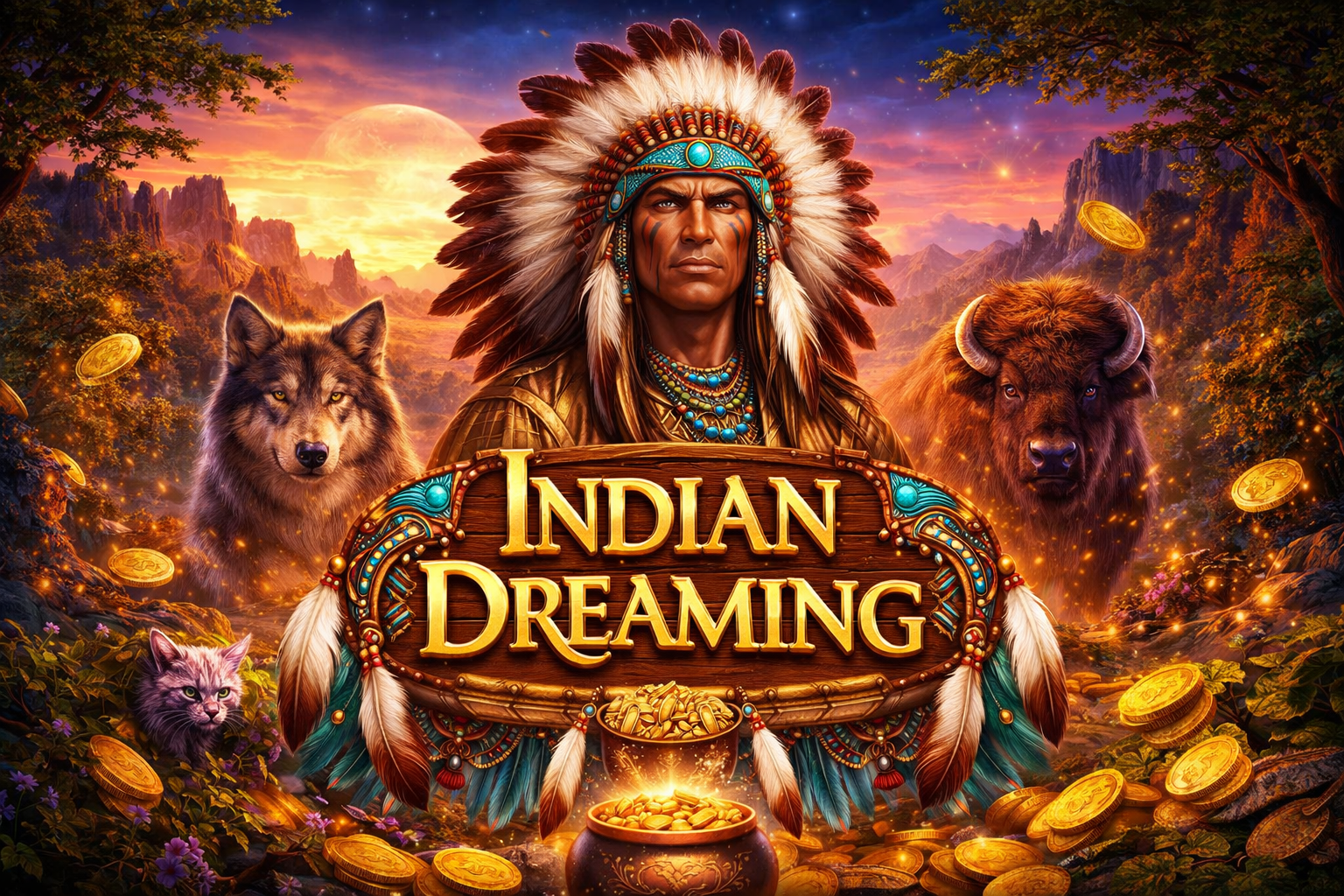 Indian Dreaming slot game banner featuring a tribal chief, wildlife symbols, and golden coins in a vibrant landscape design