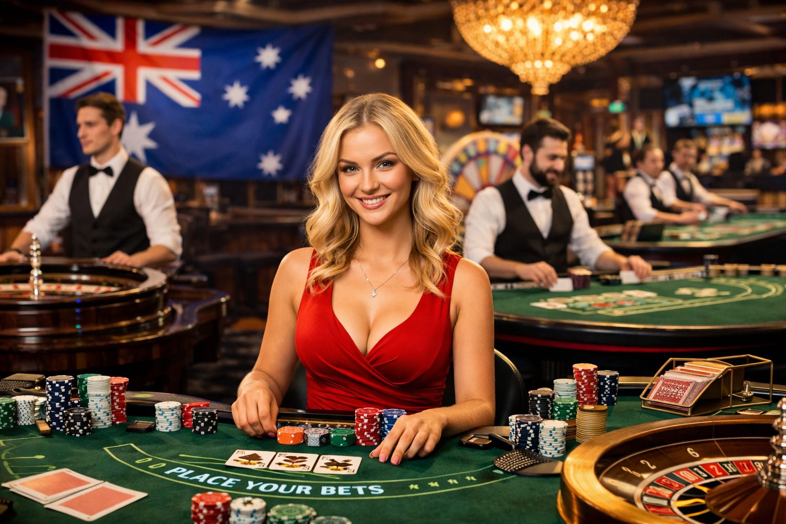 Live dealer casino scene with professional dealer hosting blackjack, roulette wheel and chips on table, realistic online casino experience for Australian players
