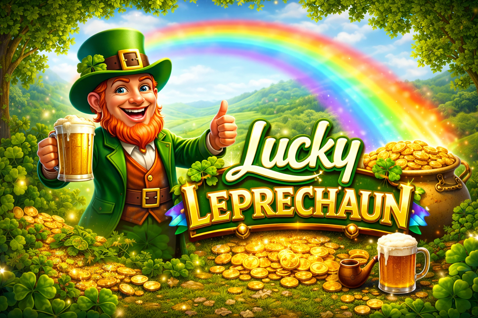 Lucky Leprechaun slot game themed banner with smiling leprechaun, pot of gold coins, rainbow and Irish landscape background.