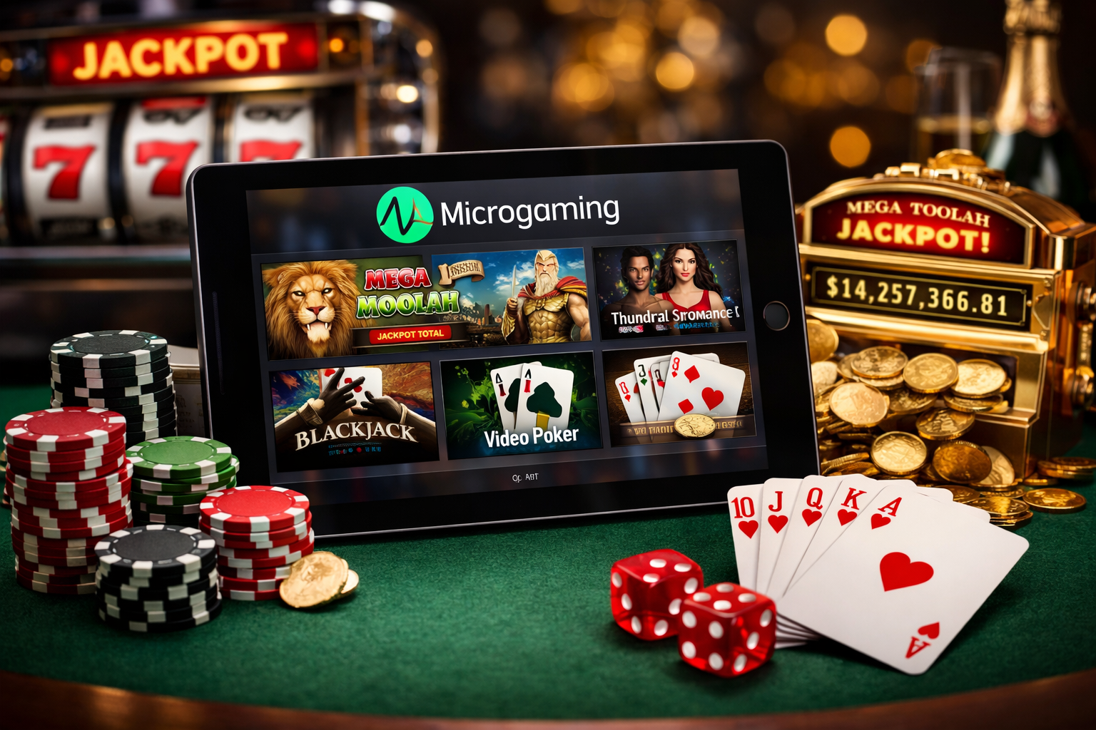 Microgaming online casino software interface displayed on a modern computer with digital slot machines and casino gaming elements in the background.