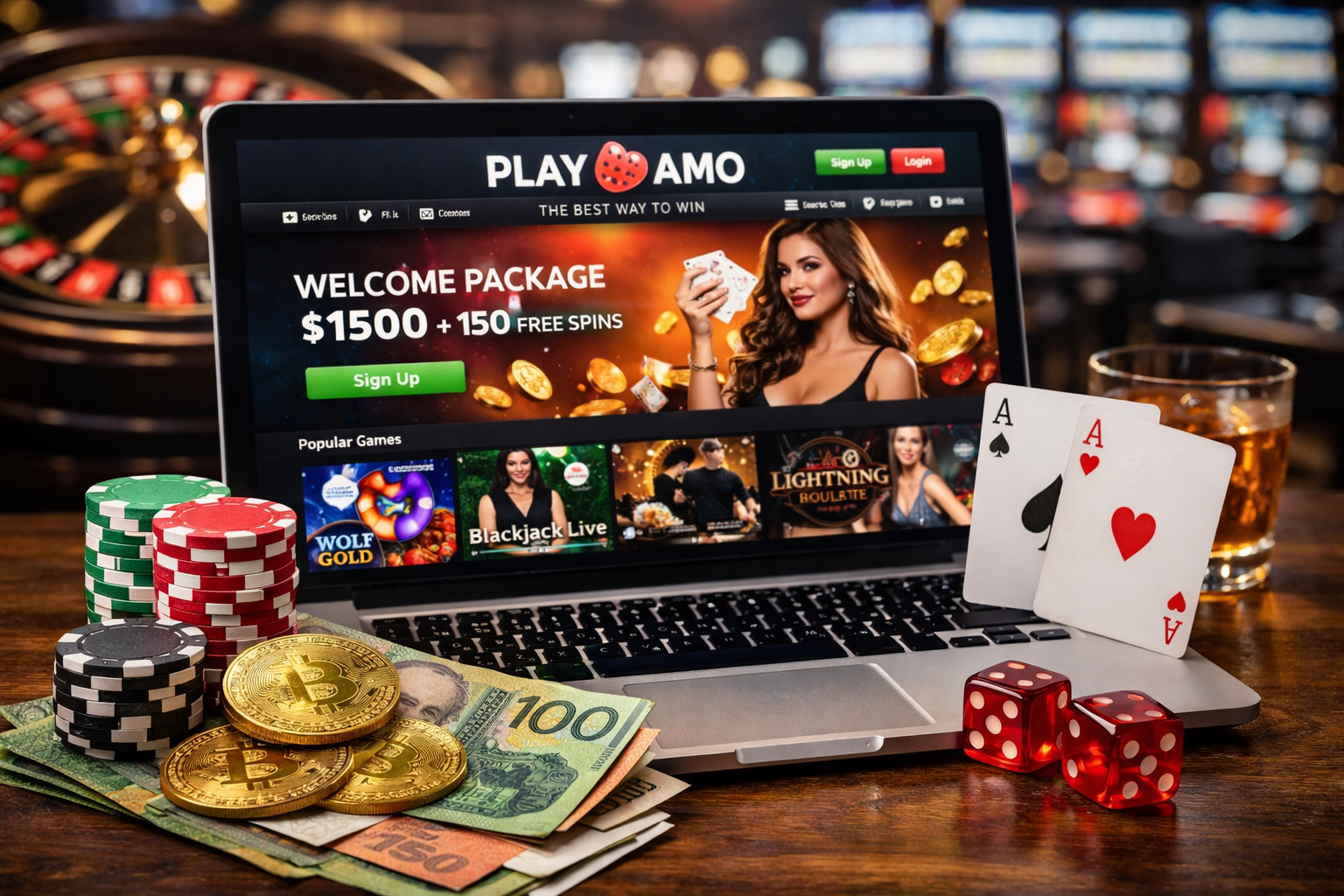 PlayAmo Casino homepage displayed on a laptop with poker chips, playing cards, cryptocurrency coins, and casino elements on a table.
