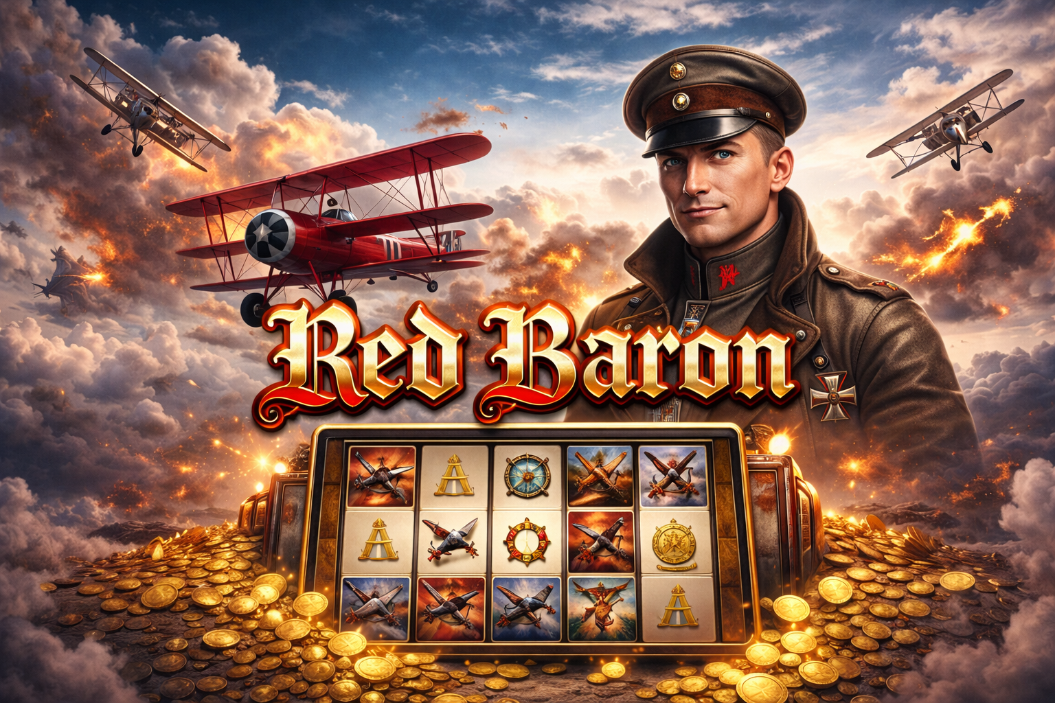 Red Baron online slot game promotional image in landscape layout featuring a WWI fighter pilot, red triplane aircraft, aerial battle scene and slot reels with gold coins.