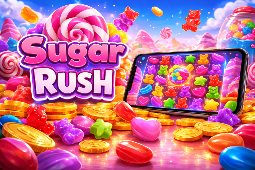 Sugar Rush online slot game displayed on a smartphone with colorful candy symbols, coins and sweet-themed background from the popular Pragmatic Play slot.