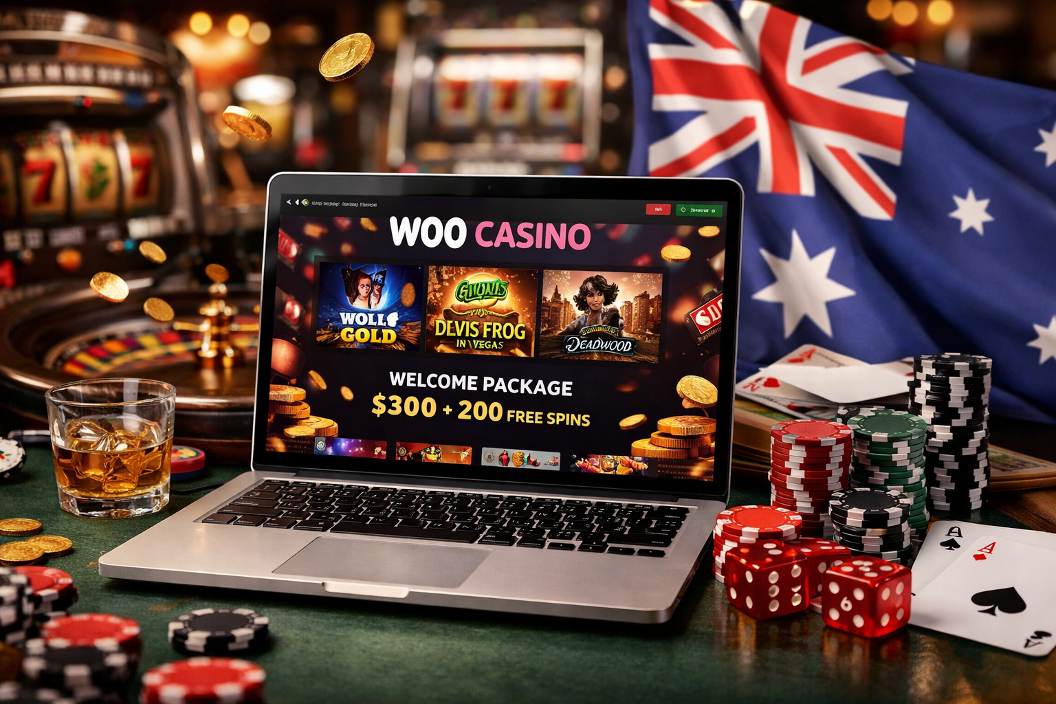 Woo Casino online platform displayed on laptop with welcome bonus offer, surrounded by poker chips, roulette wheel and Australian flag in casino setting
