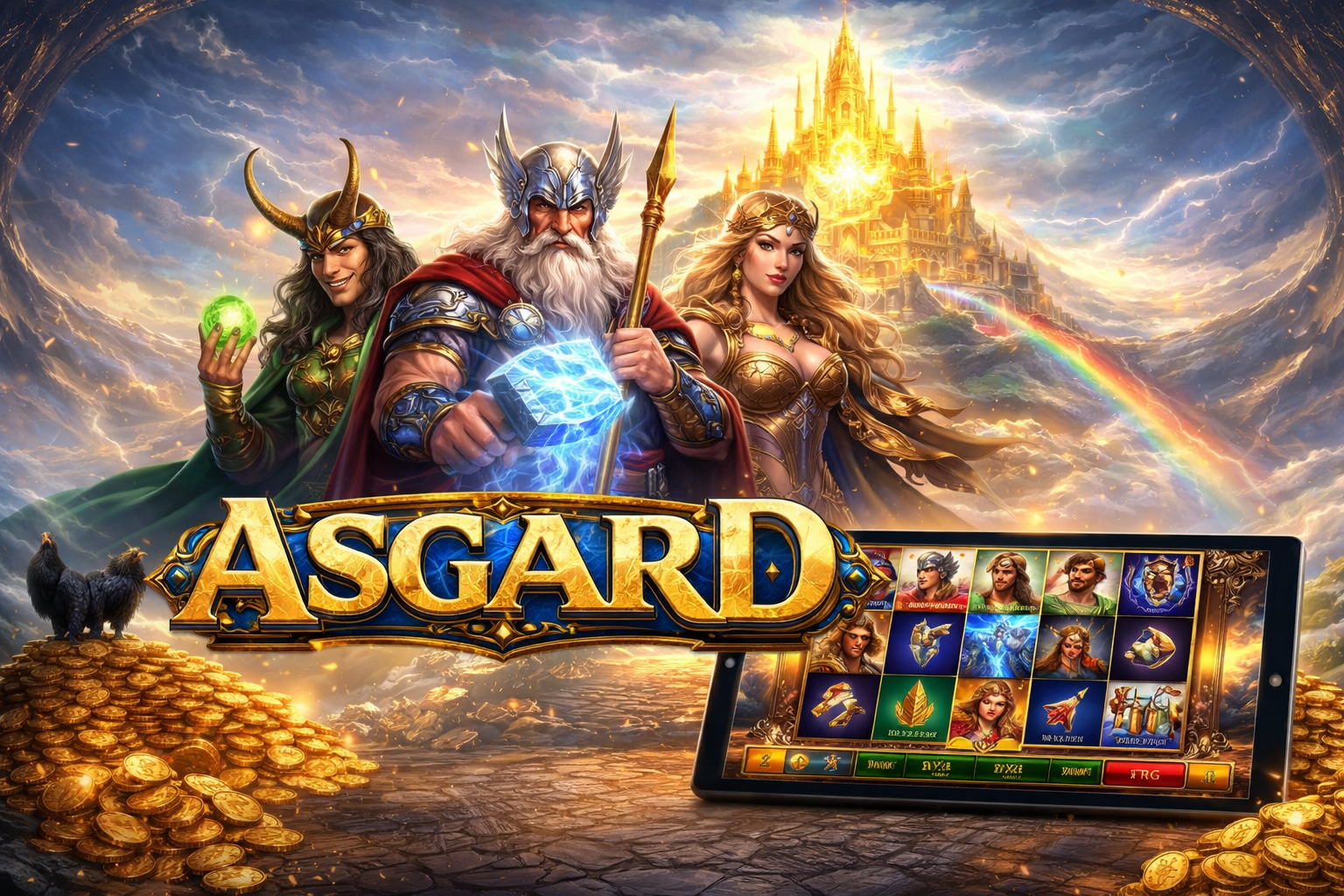 Asgard pokie RTG slot game with Norse gods, golden Asgard palace background and mobile gameplay screen with reels and symbols