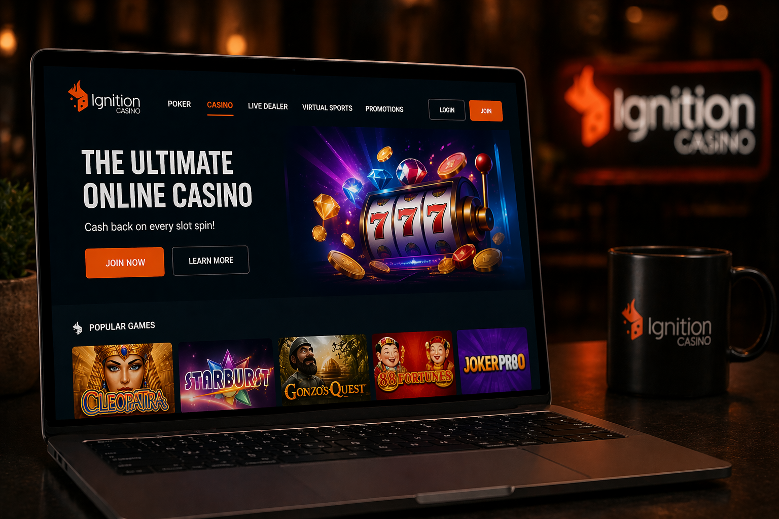 Photorealistic laptop displaying Ignition Casino homepage with online slots, bonuses, and live dealer games interface in a modern gaming setup