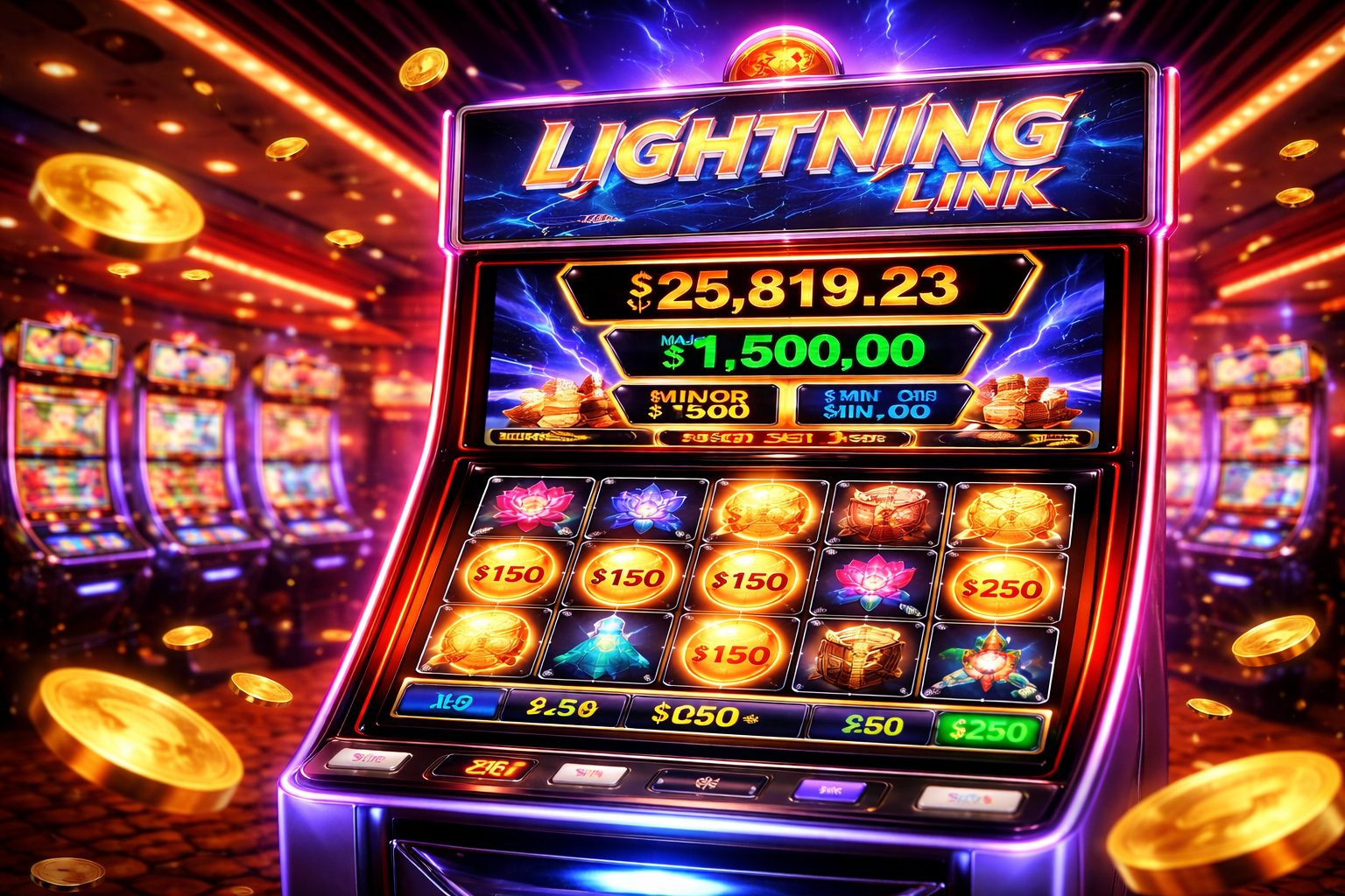 Lightning Link pokies slot machine in a casino showing jackpot values, Hold and Spin feature, and bright neon gaming display