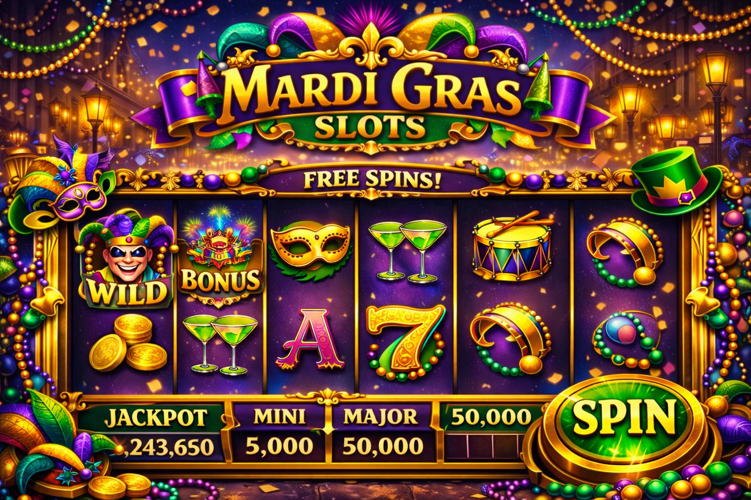 Mardi Gras themed slot machine in landscape layout with colorful beads, masks, jester symbols, bonus icons, jackpot display, and bright casino spin button on a festive New Orleans street background