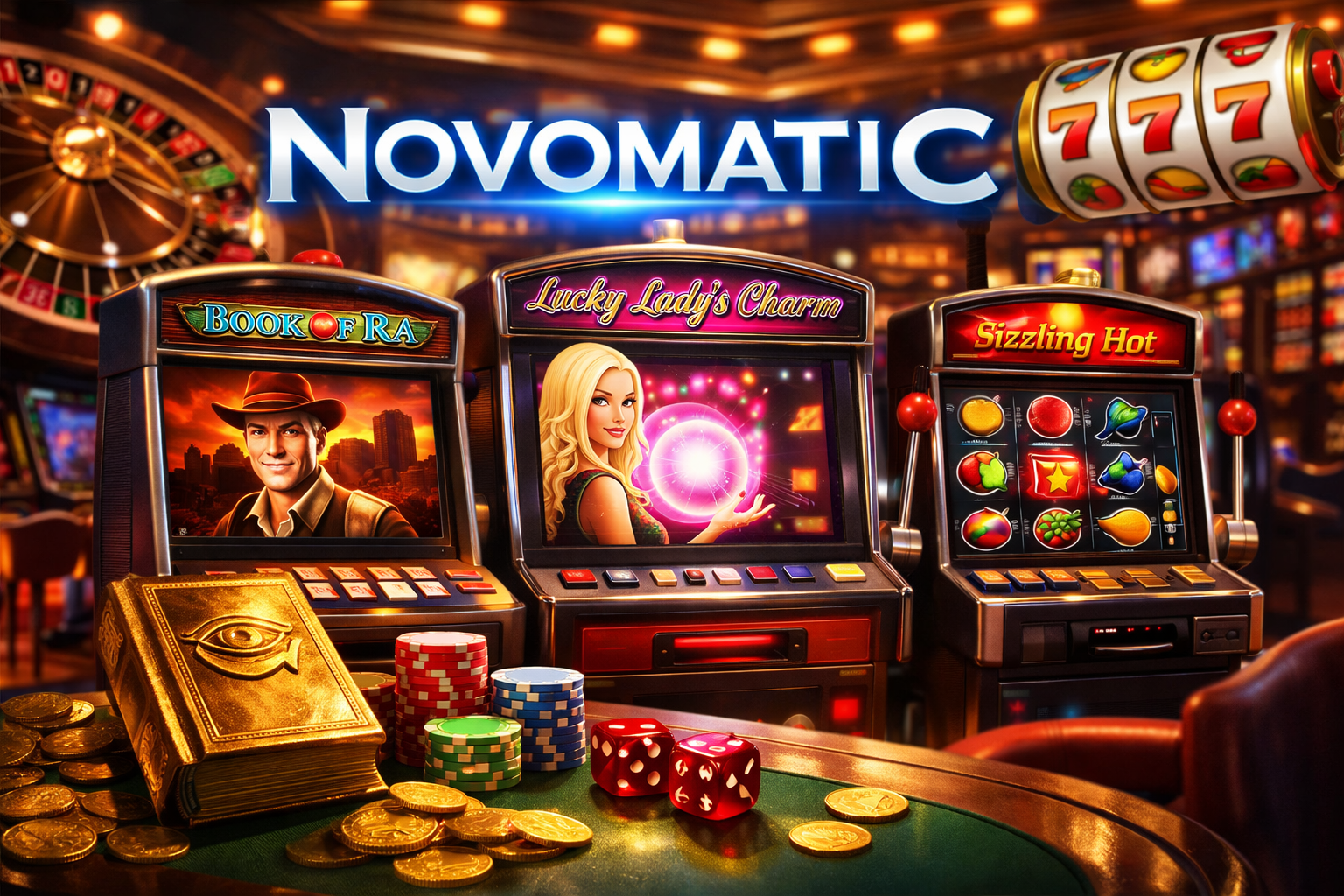 hotorealistic casino scene featuring Novomatic slot machines including Book of Ra, Lucky Lady’s Charm, and Sizzling Hot with glowing lights, poker chips, and dice on a gaming table