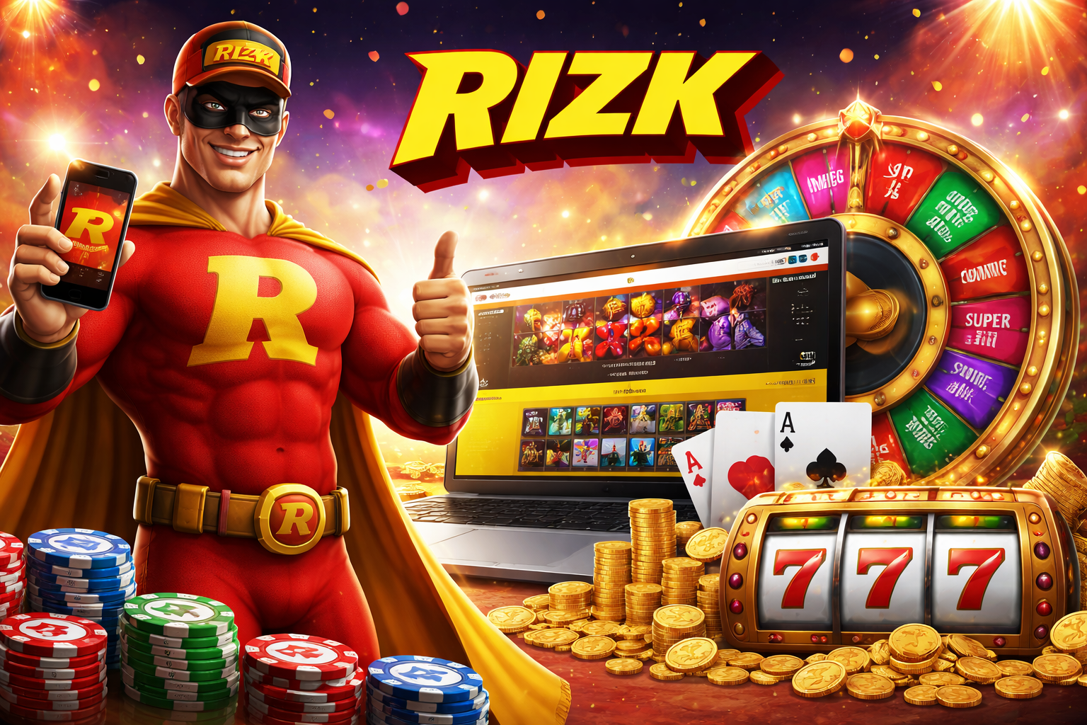 Rizk Casino promotional image featuring Captain Rizk mascot, online slots on laptop, Wheel of Rizk, gold coins and casino games in a vibrant gaming scene