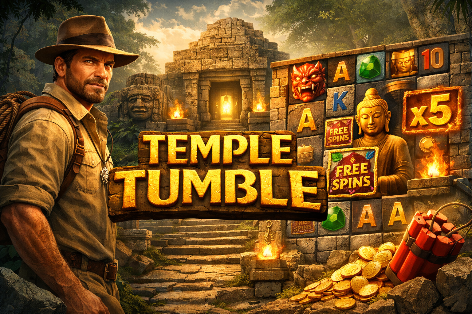 Temple Tumble slot game themed jungle temple scene with explorer, cascading reels, free spins symbols, and golden treasure in a photorealistic landscape design