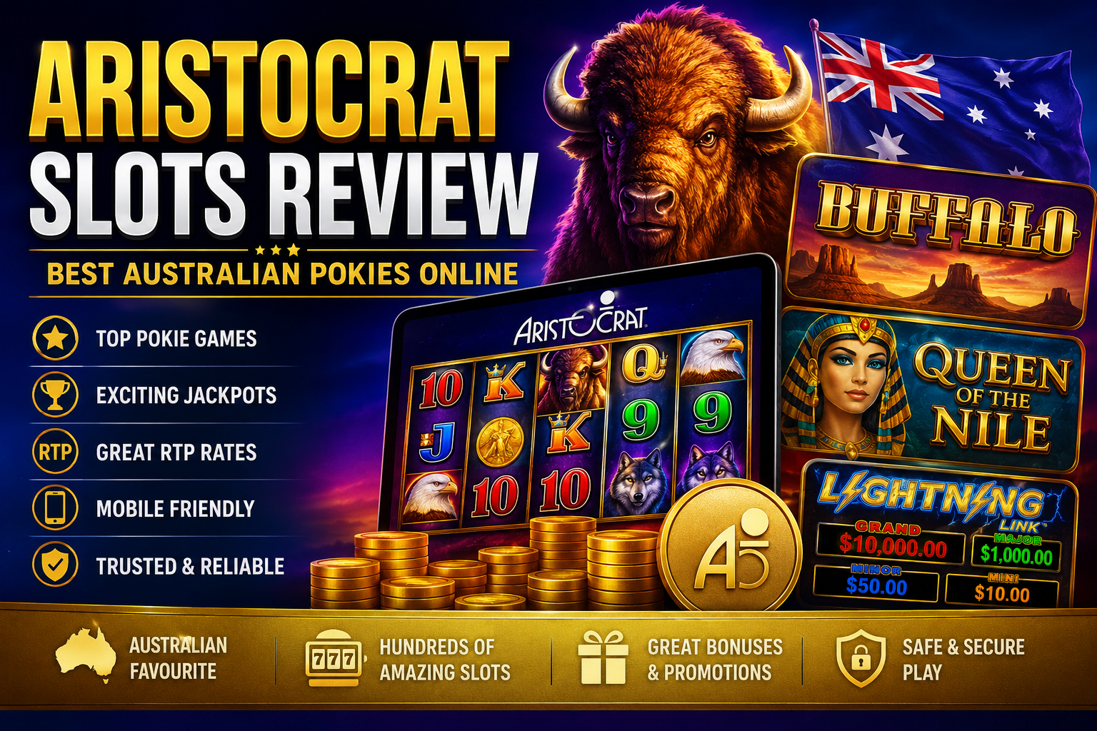 Aristocrat Slots Review banner featuring Buffalo, Queen of the Nile and Lightning Link pokies with Australian casino theme and online slot machine graphics
