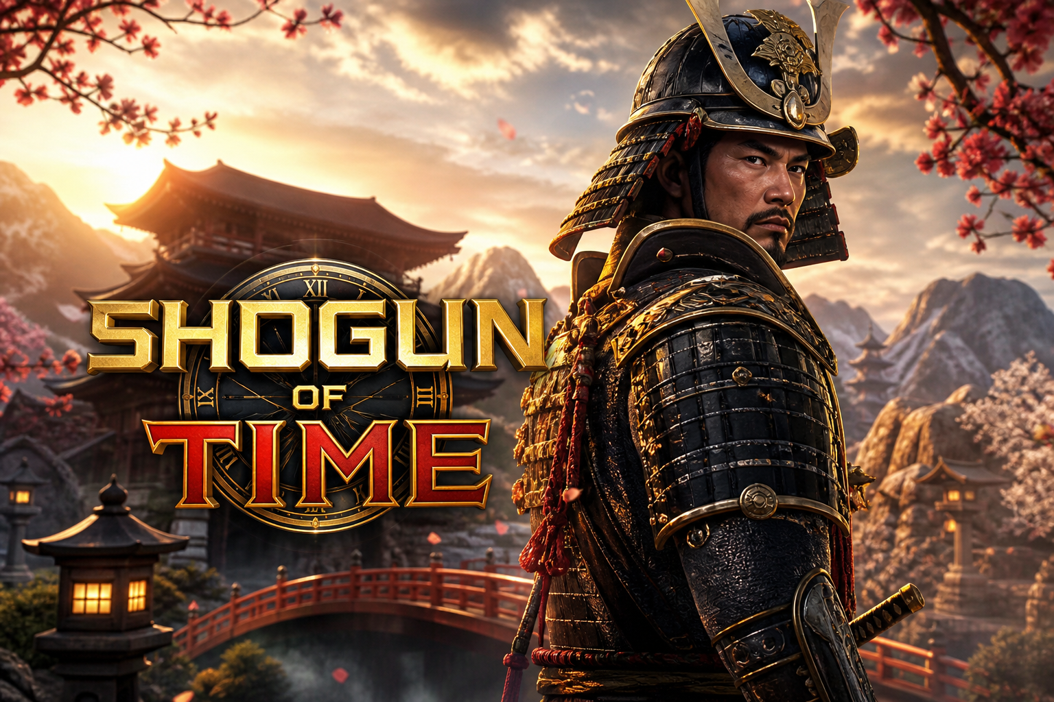 Photorealistic Shogun of Time slot theme featuring a samurai warrior in traditional armor with cherry blossoms, Japanese temple, and sunset landscape background