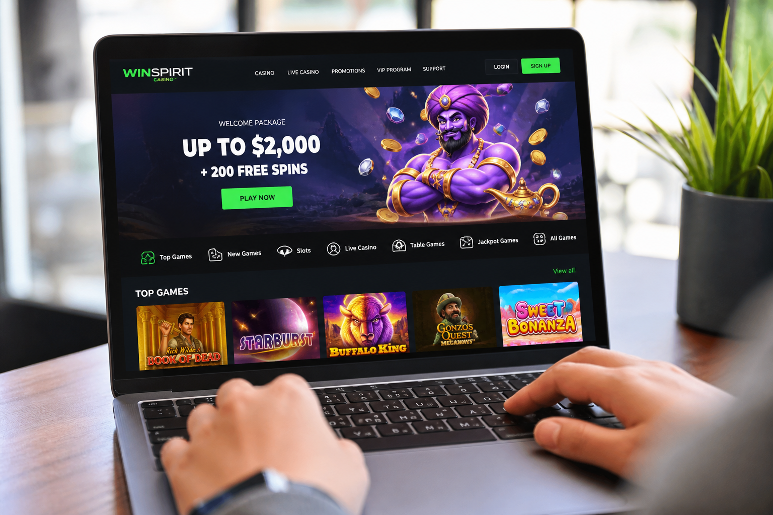 WinSpirit Casino website displayed on a laptop screen with online pokies, bonus offers, and live casino games in a modern home setting.